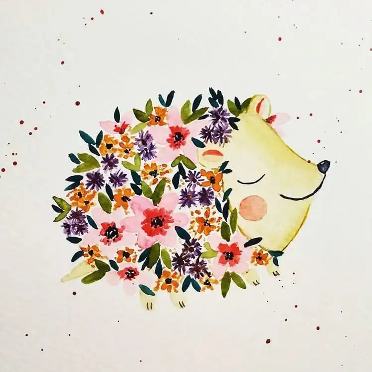 Creative watercolor hedgehog painting where flowers form its body, showcasing an imaginative artistic approach.