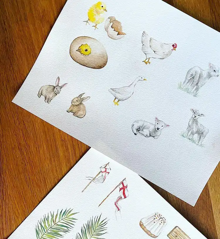 Collection of small, simple watercolor doodles of farm animals like chickens and pigs, ideal for drawing practice.