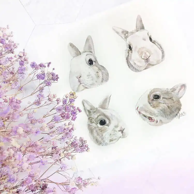 Watercolor illustration featuring multiple views of a rabbit's face surrounded by purple flowers, focusing on realistic animal depiction.