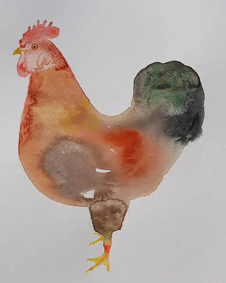 Artistic watercolor painting of a chicken, highlighting unique brushwork and feather textures.
