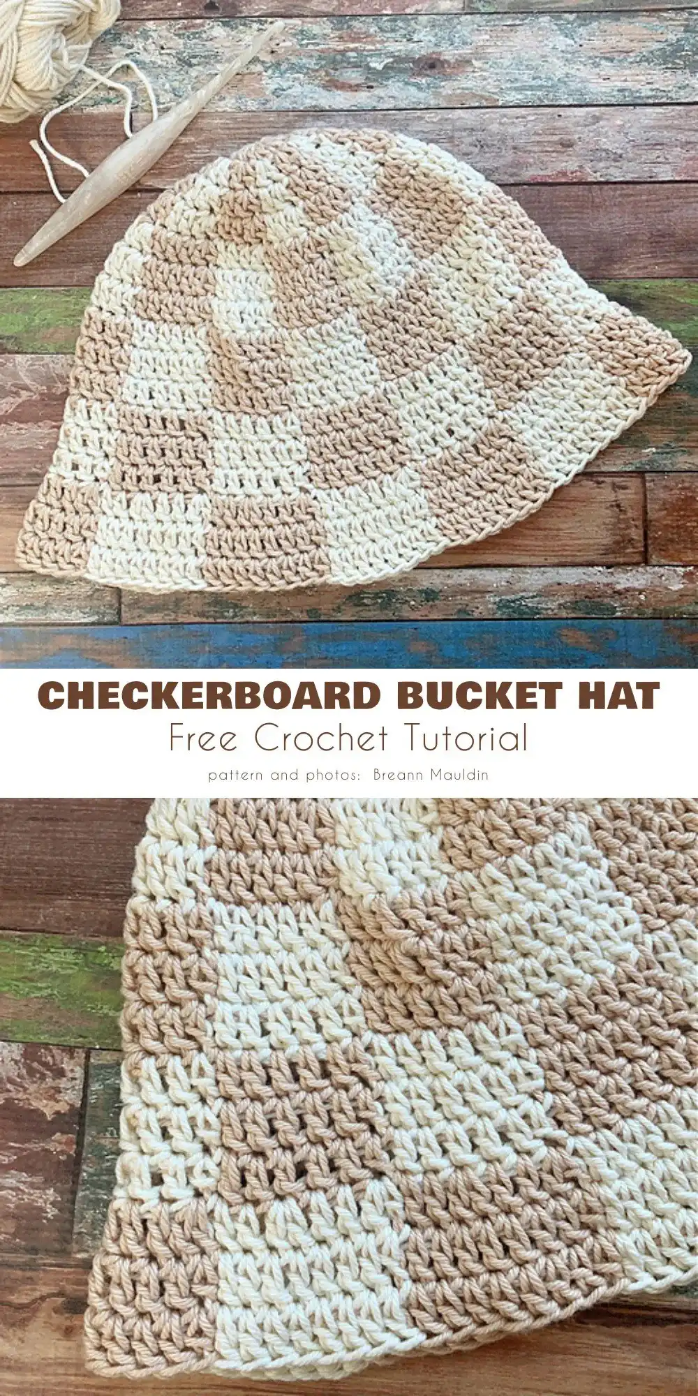 A striking checkerboard crochet bucket hat in black and white