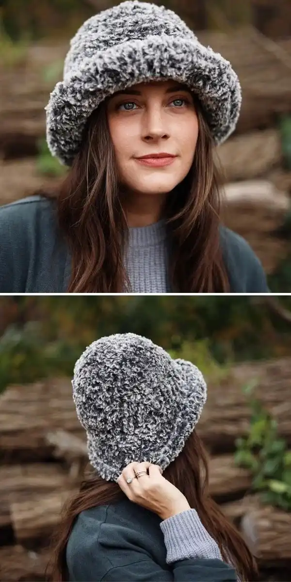 A versatile reversible crochet bucket hat showing two different color sides