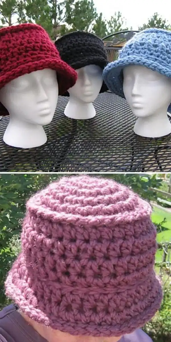 A textured basketweave crochet bucket hat in earthy brown, showcasing the woven look