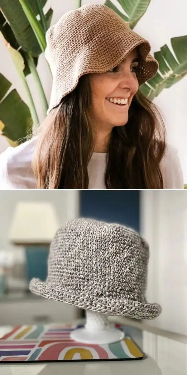 An adjustable drawstring crochet bucket hat in grey, showing the functional drawstring detail
