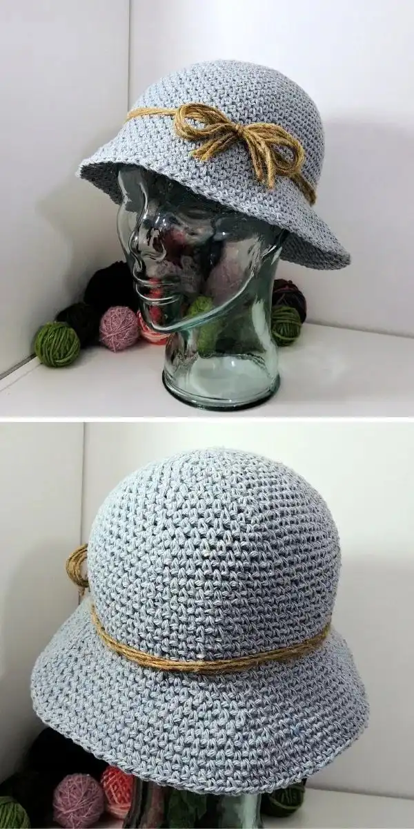 A quick and easy half double crochet bucket hat in a solid pink, showing dense fabric