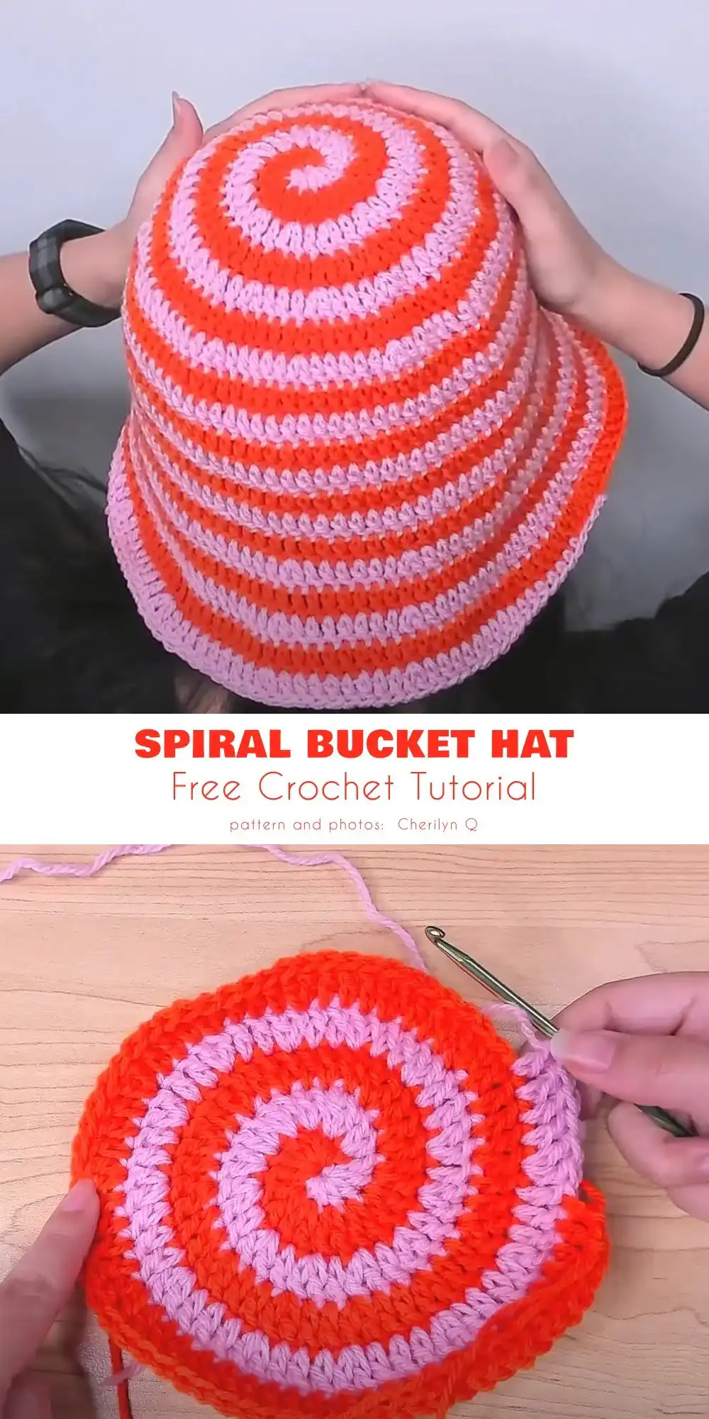 A modern two-tone color block crochet bucket hat in teal and coral