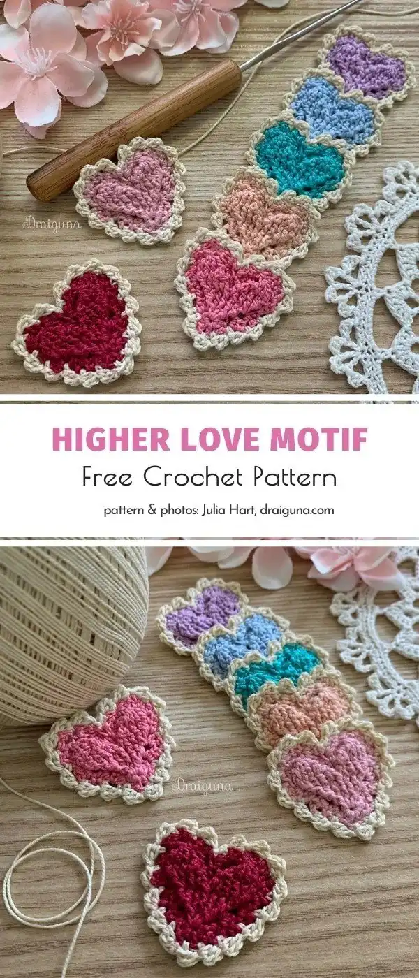 A crocheted pizza slice shaped like a heart, titled 'Pizza Heart Applique'.