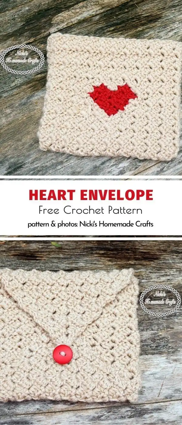 A handmade crochet envelope decorated with a colorful heart symbol.
