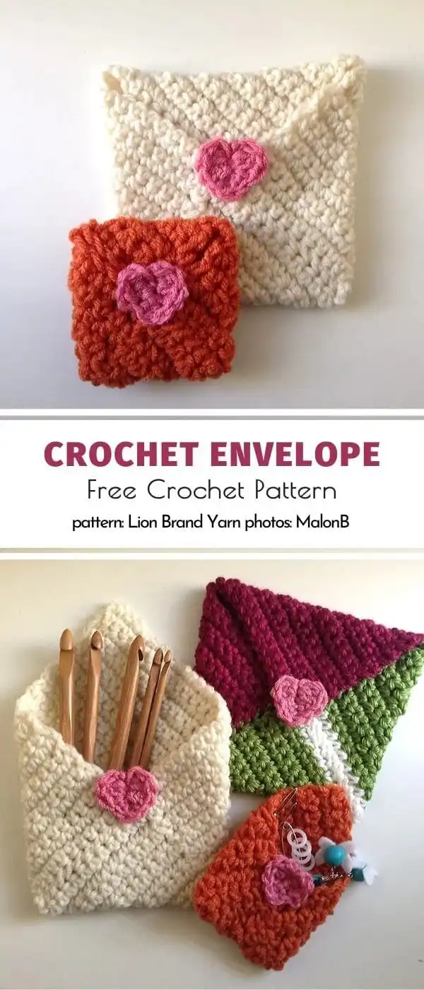 A minimalist crochet envelope with a simple heart motif in contrasting colors.