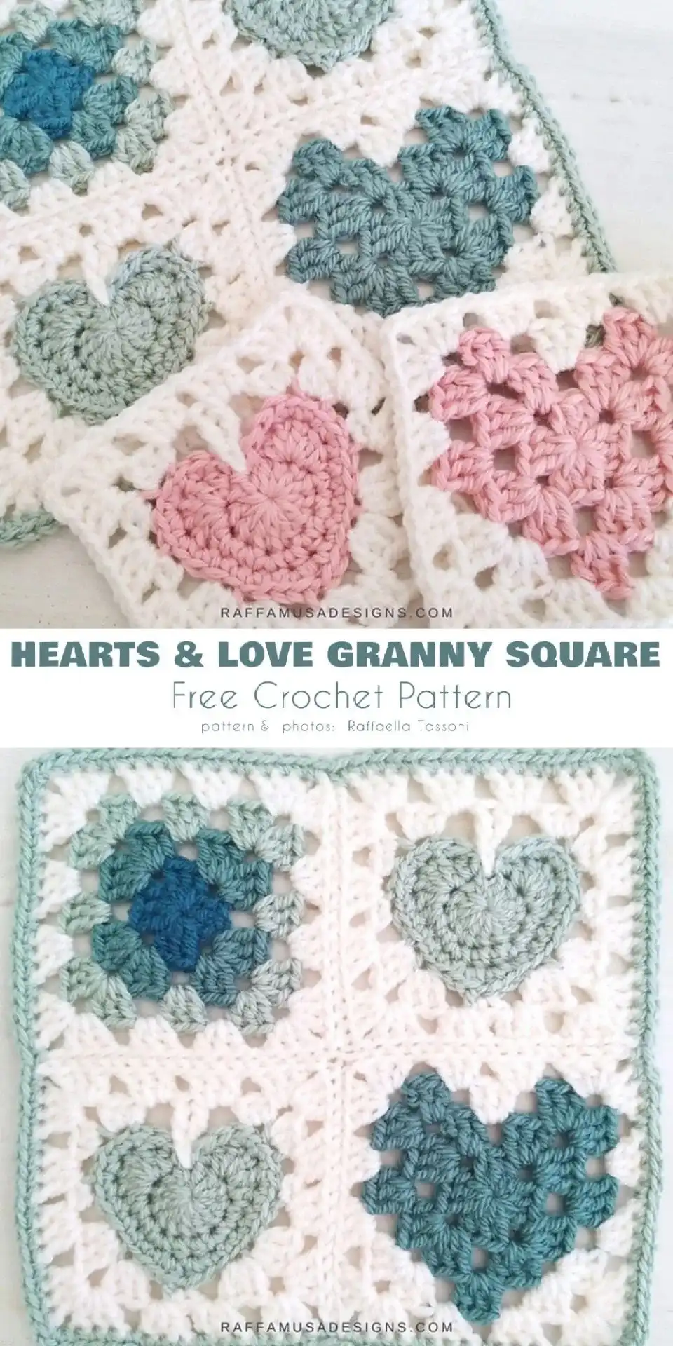 Crochet heart granny squares crafted using blue and pink yarns, with a crochet pattern diagram below.