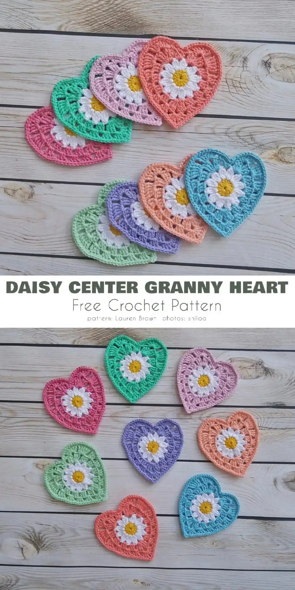A crocheted granny square featuring a heart motif in contrasting colors, titled 'hearts and love granny scaled'.