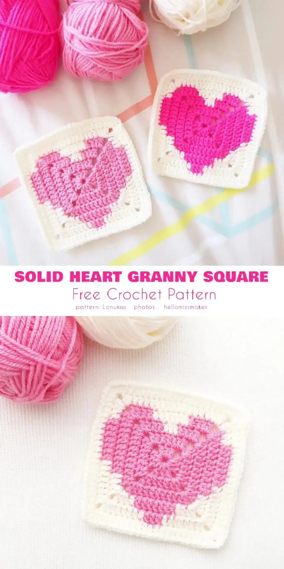 A heart-shaped crochet motif with a daisy center, rendered in pastel shades, titled 'daisy center granny scaled'.