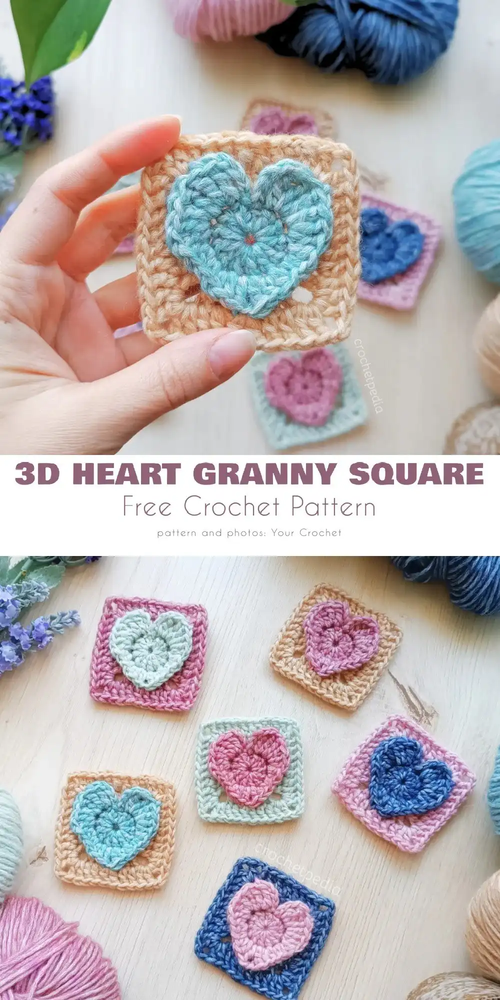Two solid crochet heart granny squares in different textures and colors, titled 'hearts granny scaled'.