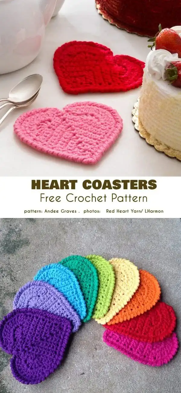 Two heart-shaped crochet pot holders in red and pink hanging together.