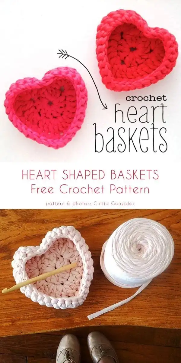 A stack of delicate crochet heart coasters in shades of pink and red.