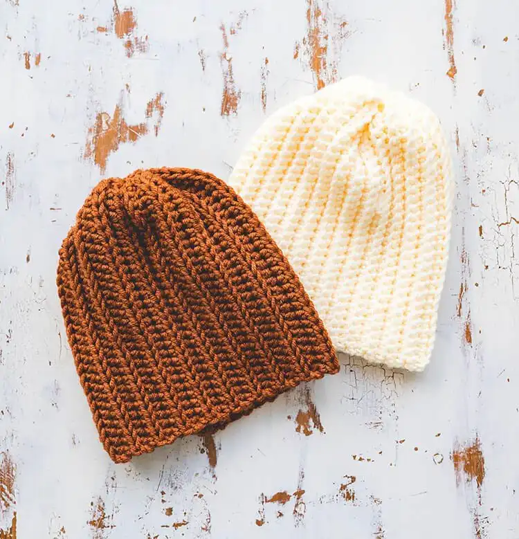 A stylish crochet beanie hat with ribbed texture, designed as the Brooklyn Ridge Hat