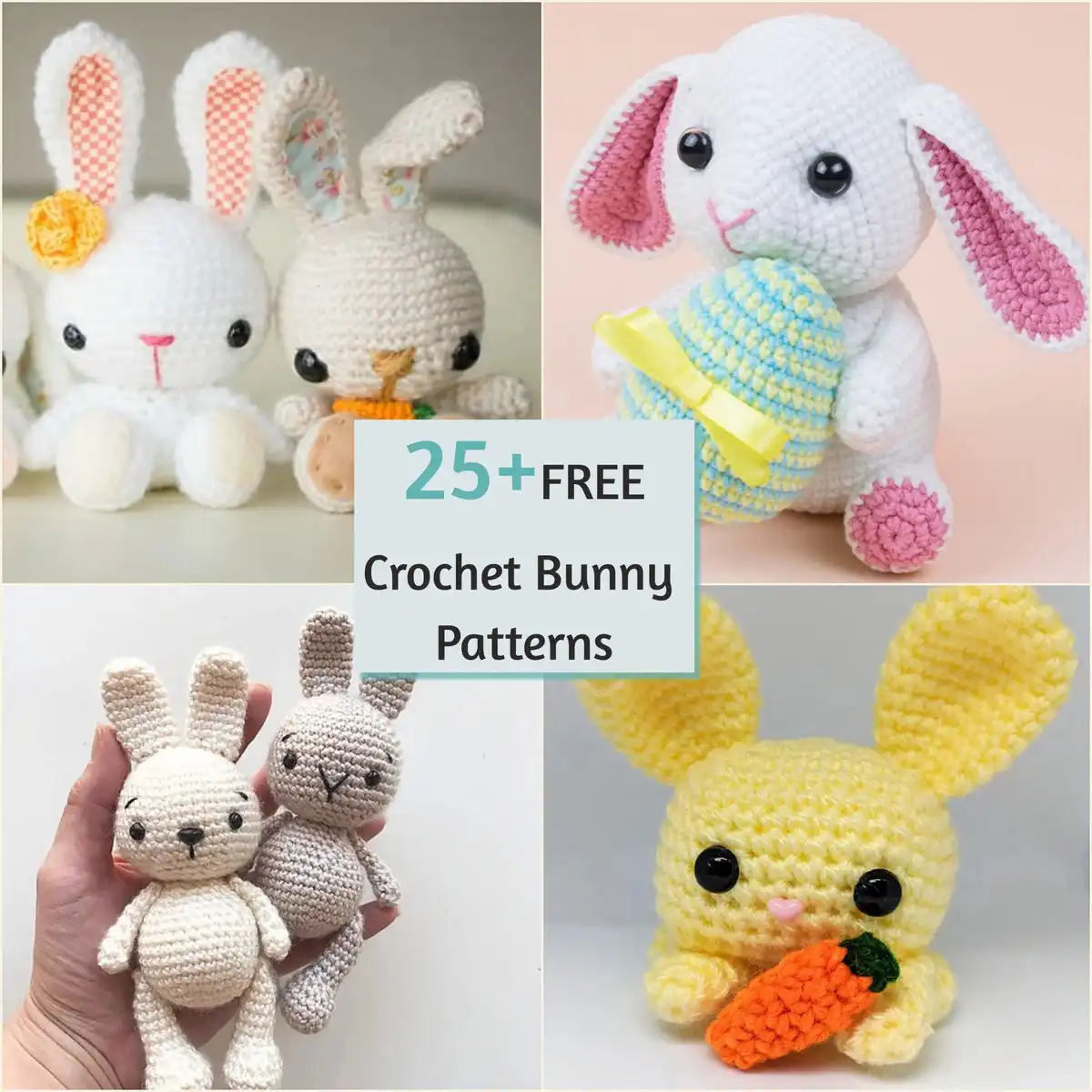 A collage of various adorable handmade crochet bunny dolls and plushies, showcasing 25+ Free Crochet Bunny Patterns for Easter and year-round.