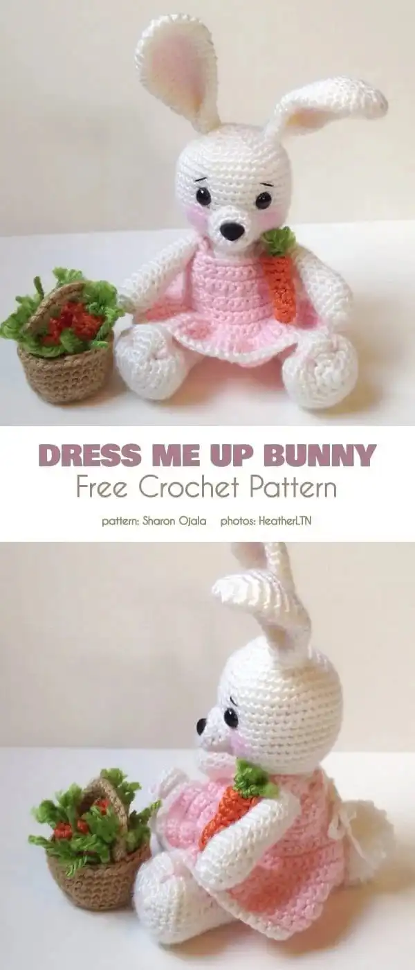 A crochet rabbit adorned with a flower, using the free Rita the Rabbit pattern.