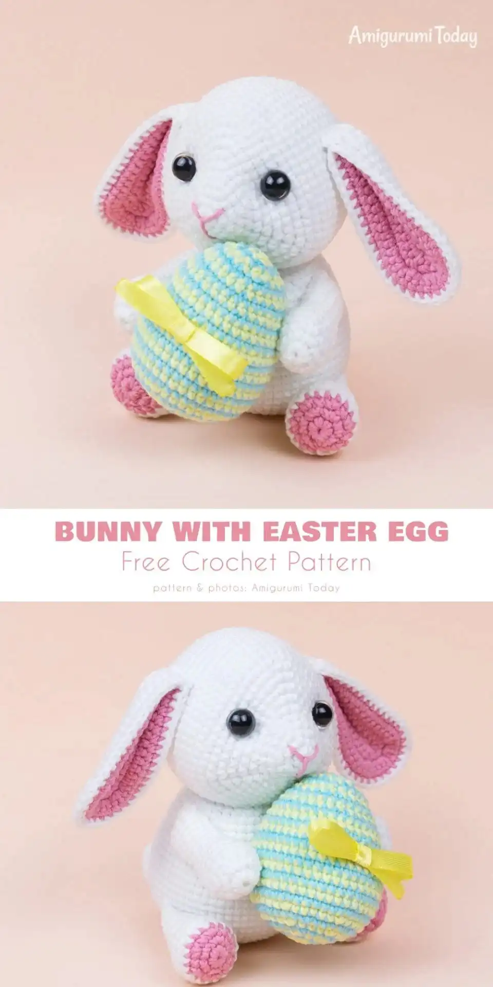 Two small crocheted bunny toys in soft pink and blue, ideal for gifts or decorations.