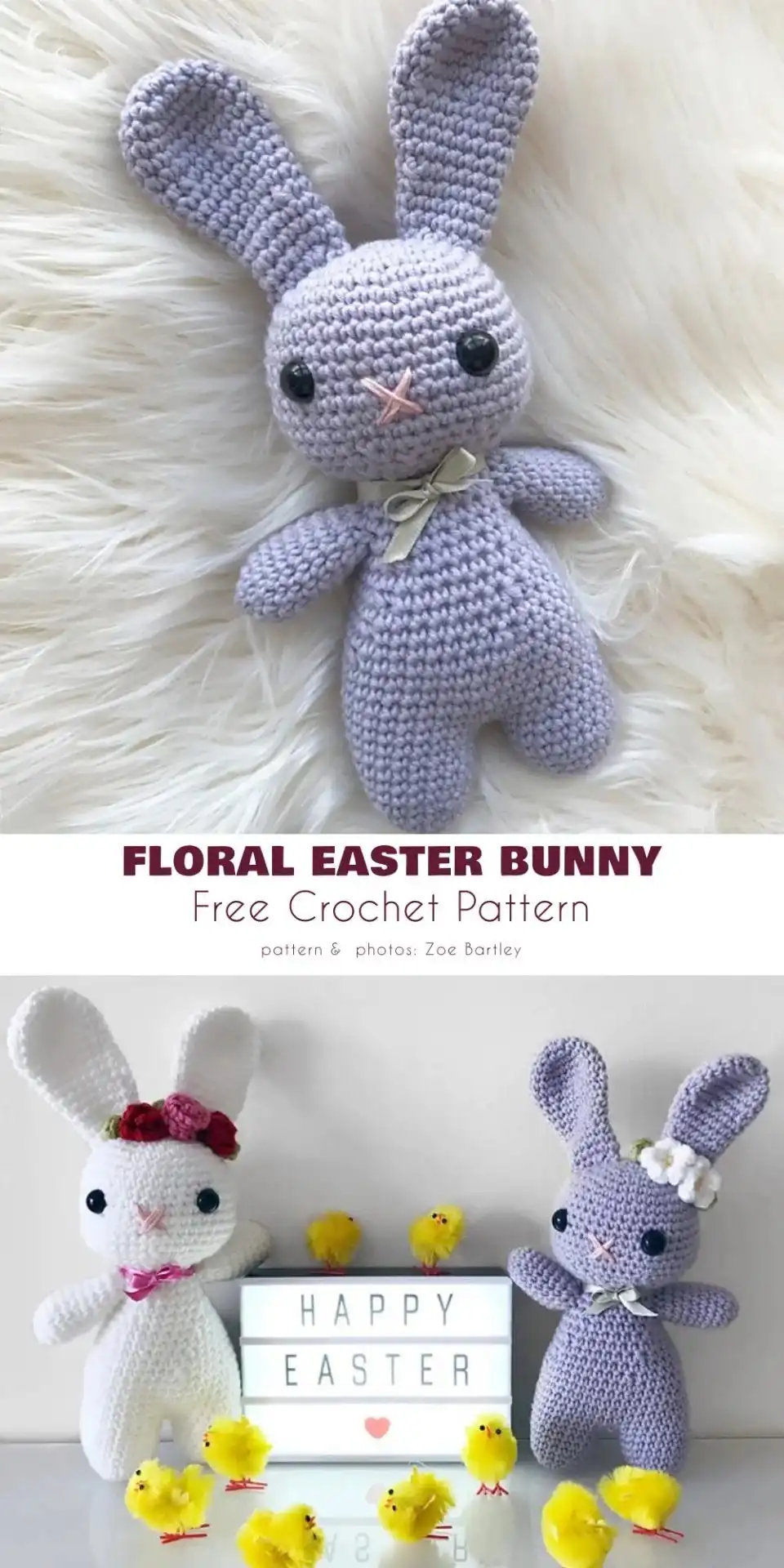 Two images of a pink crochet ragdoll bunny head adorned with a bow, highlighting its cuddly shape.