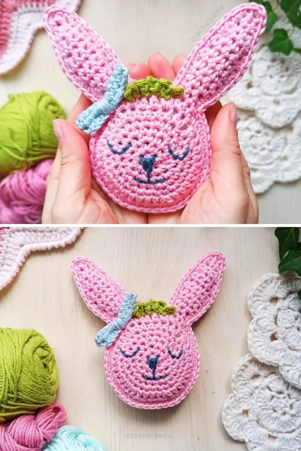 Two charming crocheted bunnies with expressive faces, created using a free pattern.