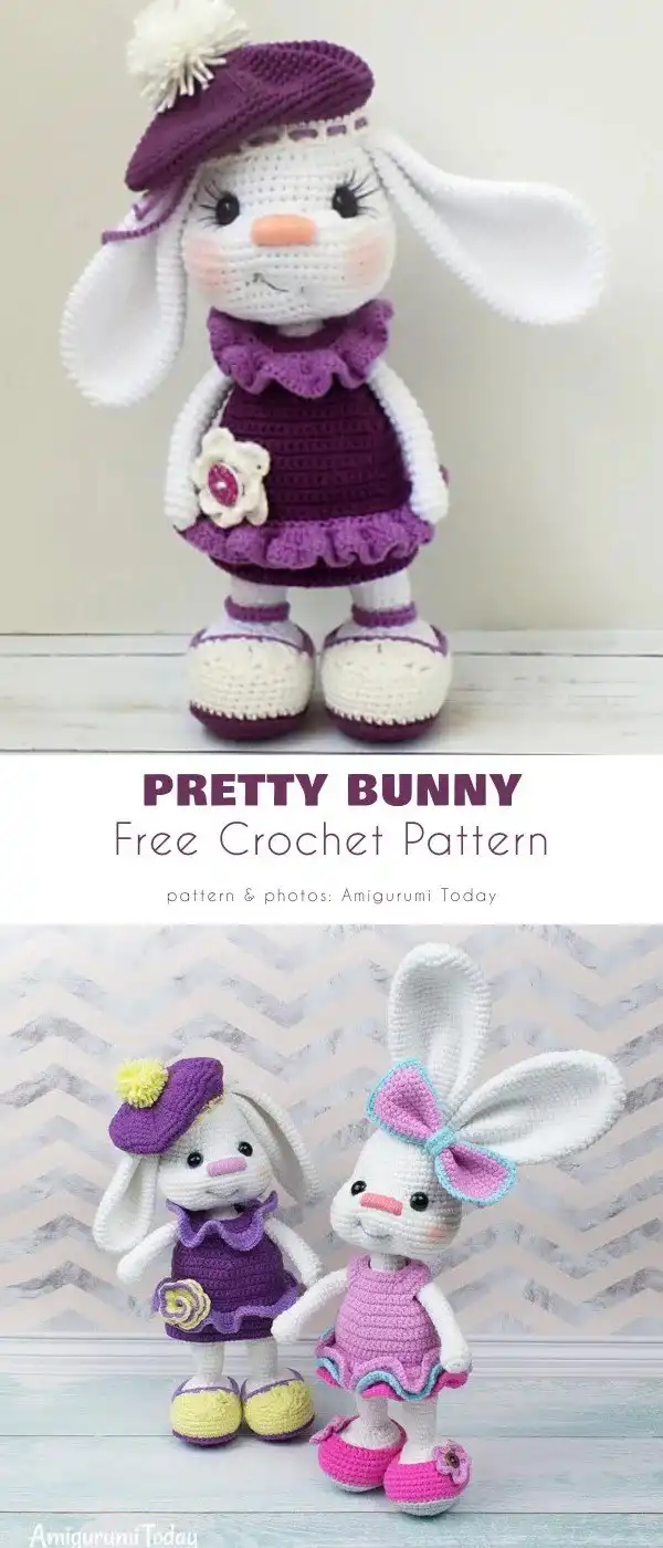 Three free crocheted bunny dolls in pastel green, pink, and yellow standing together.