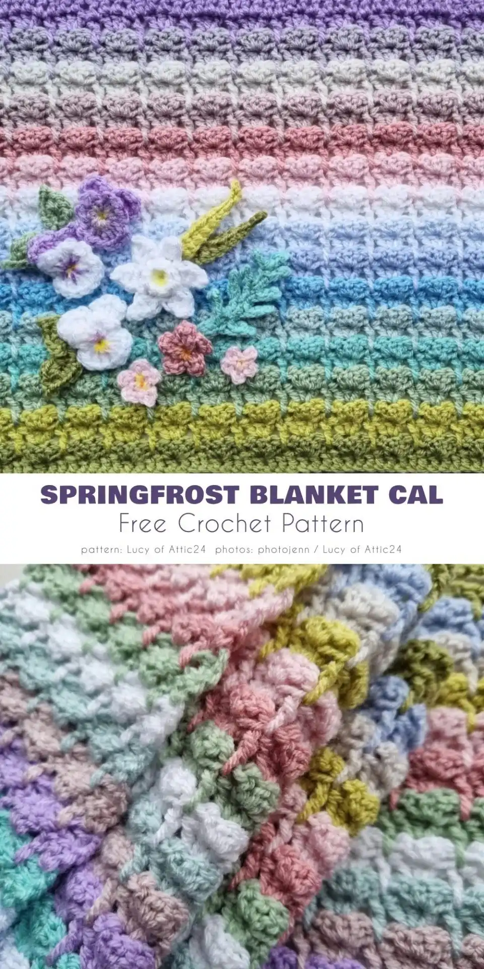 Section of the Tulip Stitch Afghan, showing textured tulip-like motifs in spring colors on a cozy blanket