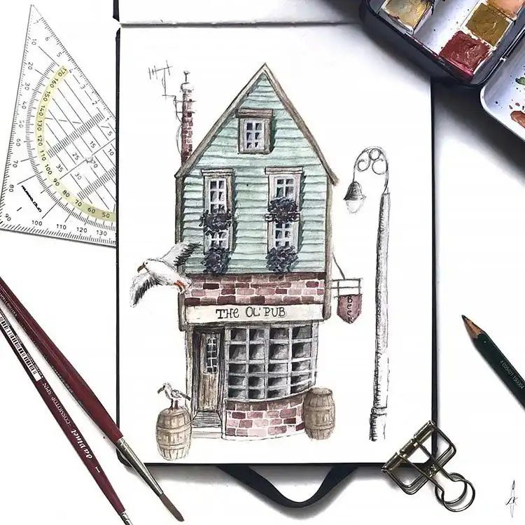 Watercolor painting of an old pub with textured brickwork and warm tones, an idea for 26 Watercolor Houses for You to Paint