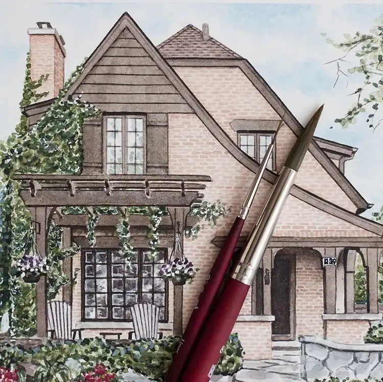 Close-up watercolor painting of a California-style home, highlighting architectural details