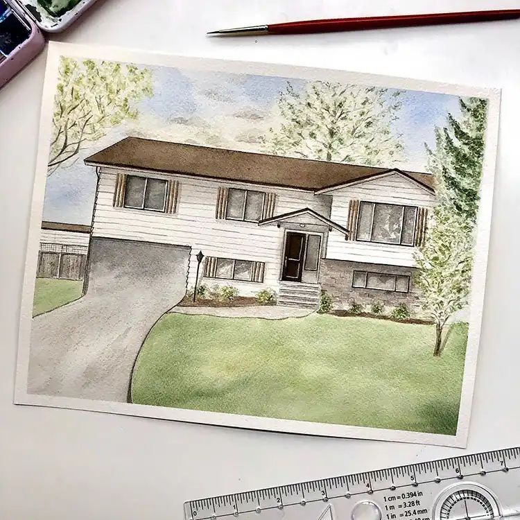Watercolor painting of a 60s or 70s style house with muted colors and clean lines