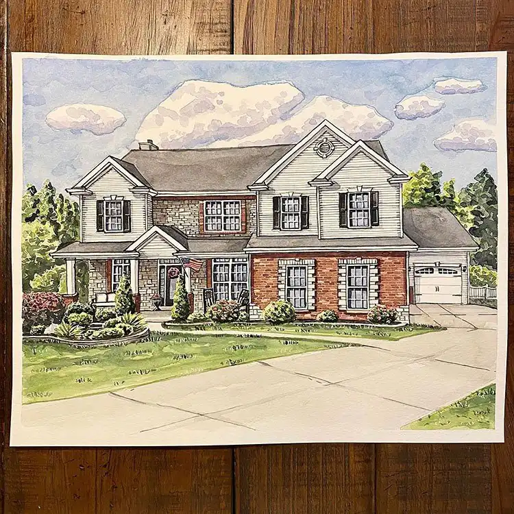 Large American home with a flag in watercolor, showing intricate detail for advanced artists