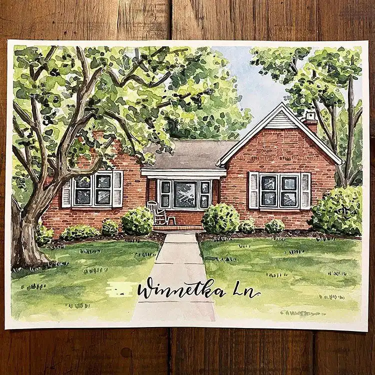 Small ranch-style house watercolor painting with a prominent tree and bushes in the foreground