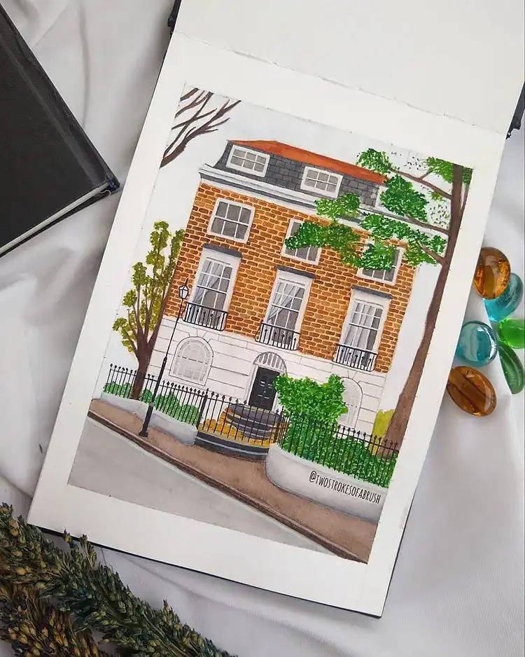 Three-story house painting reminiscent of London homes, suitable for European architecture inspiration