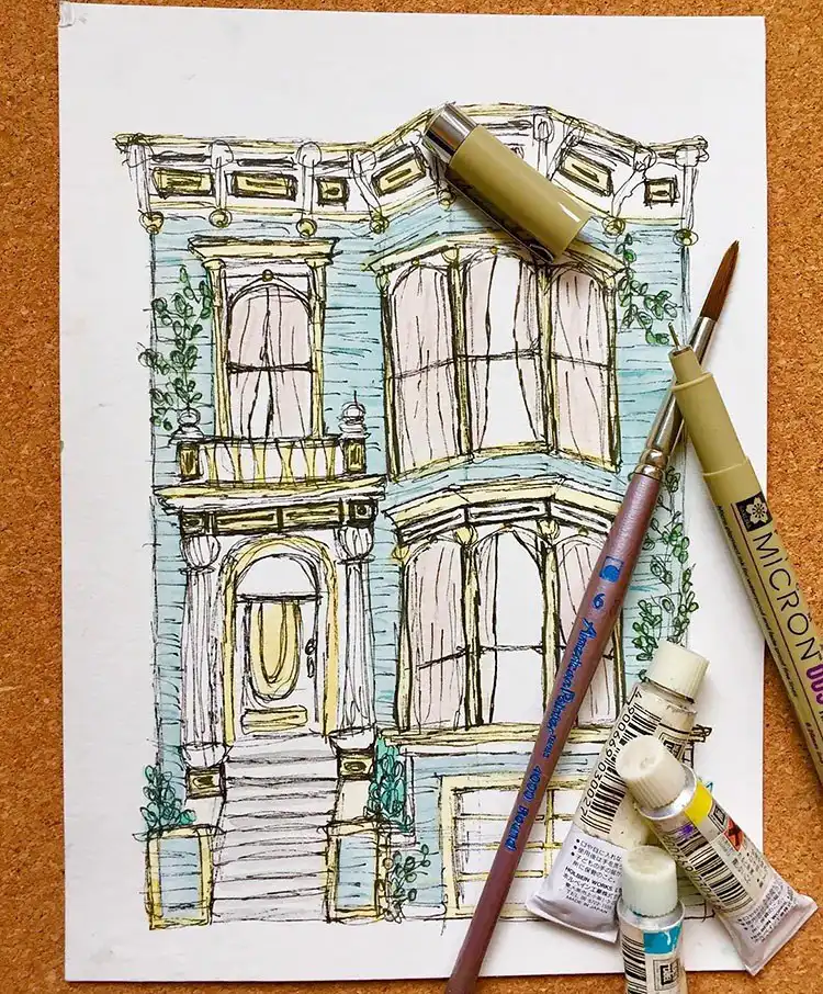 Creative and unique watercolor house sketch with expressive lines and colors