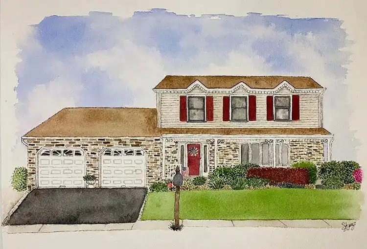 Watercolor painting of a house with a two-car garage, featuring vibrant landscaping colors