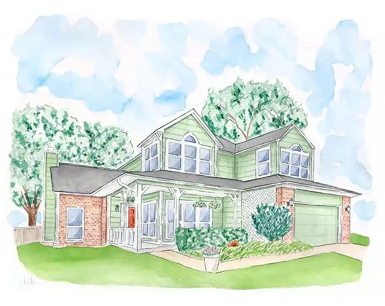 Vibrant watercolor green house that resembles a Florida-style home, showcasing bold color combinations