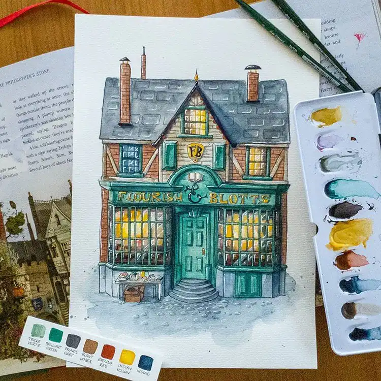 Watercolor painting of the Flourish and Blotts bookstore from Harry Potter, a magical architectural subject