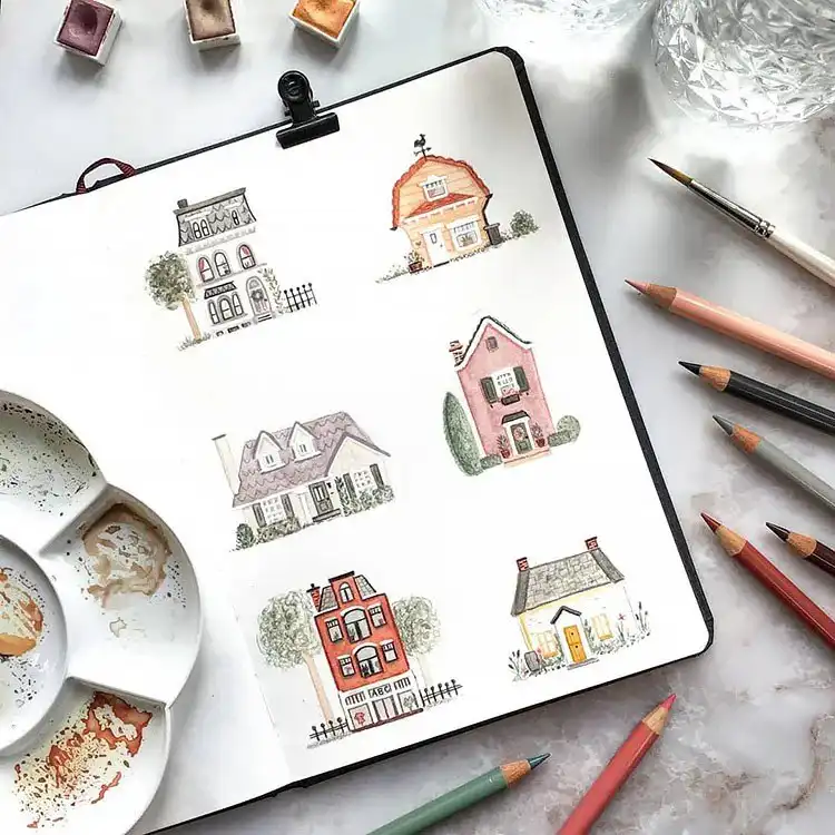 Collection of six different watercolor house doodles and paintings, ideal for practicing various styles