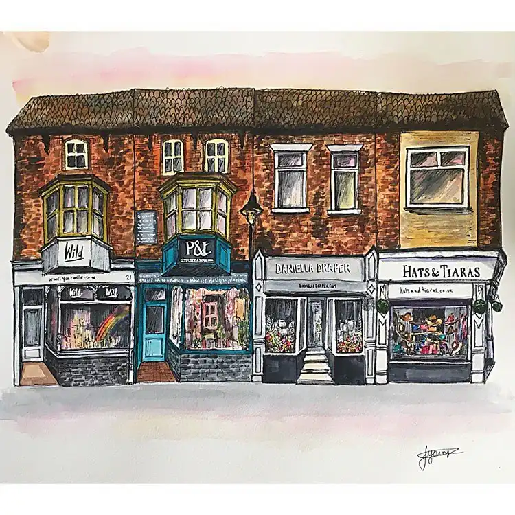Watercolor painting of a charming shopping center with multiple storefronts