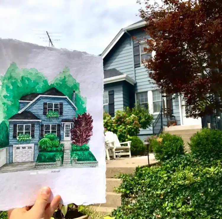 Watercolor reference of a blue house, perfect for using your own home as inspiration