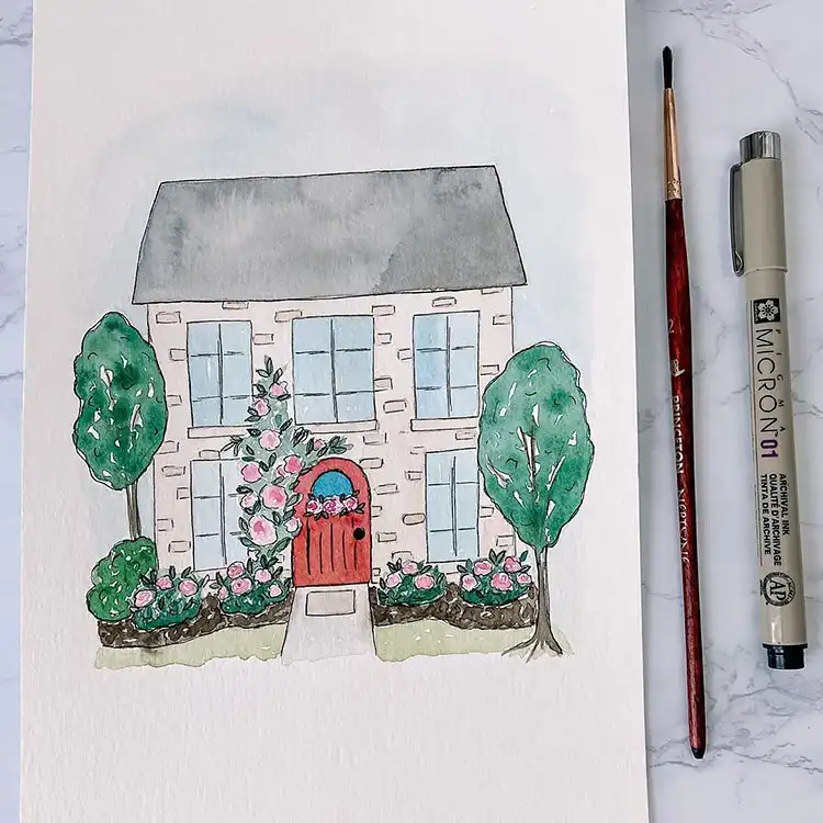 Simple watercolor house painting adorned with roses, demonstrating elegant simplicity