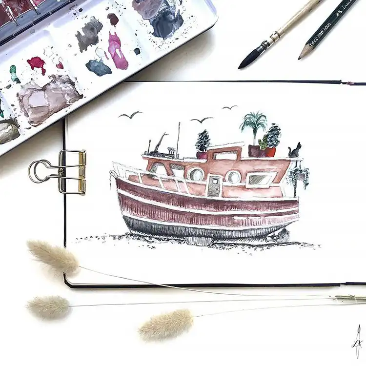 Watercolor painting of a beautiful houseboat, a unique subject for architectural art