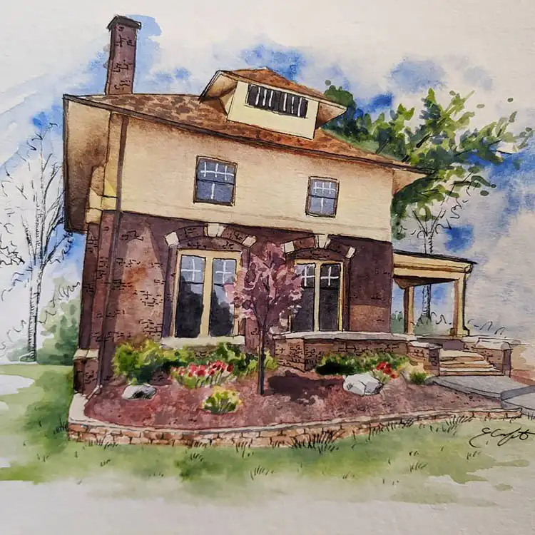 Watercolor painting of a beautiful house with brown tones, suitable as a reference for painting your own home