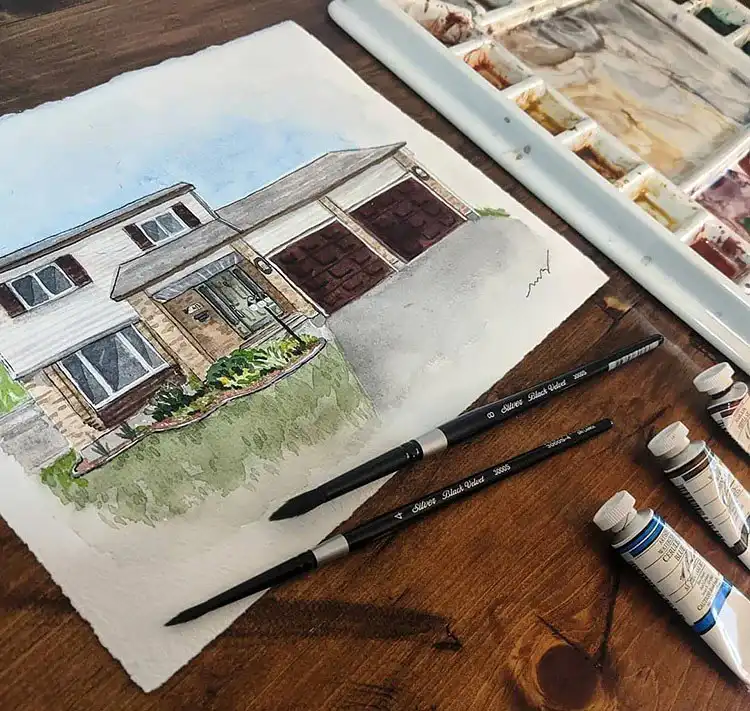 Classic American-style home rendered in watercolor, featuring traditional architecture