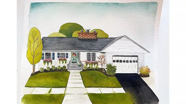 White American-style watercolor home with trees in the background, demonstrating painting white surfaces