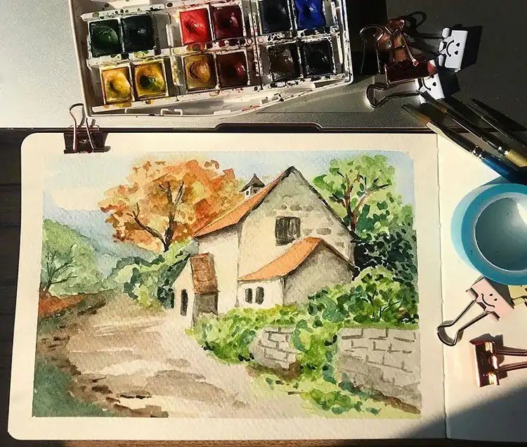 Italian house watercolor painting with overgrown landscape and warm terracotta tones