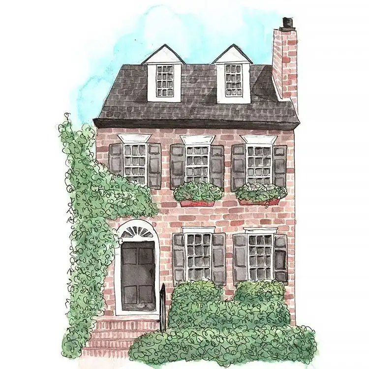 Three-story brick London home watercolor painting with lush greenery, showcasing urban architecture