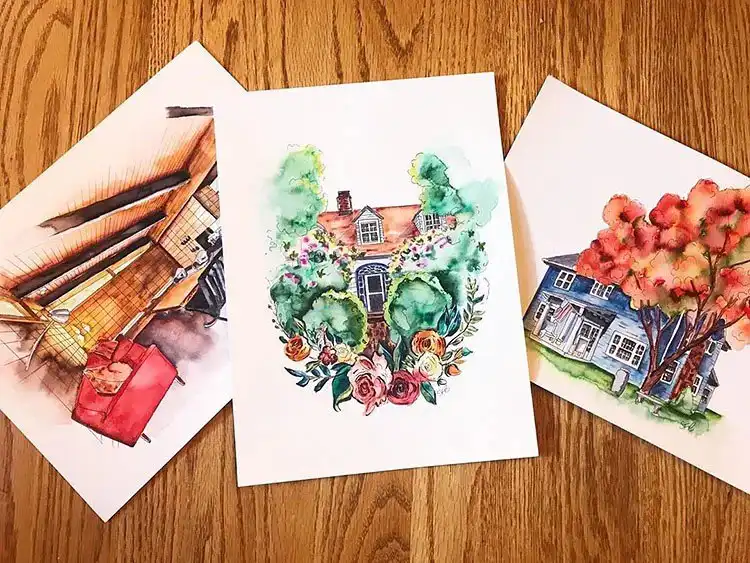 Set of three unique watercolor house paintings, one with flowers bordering the house