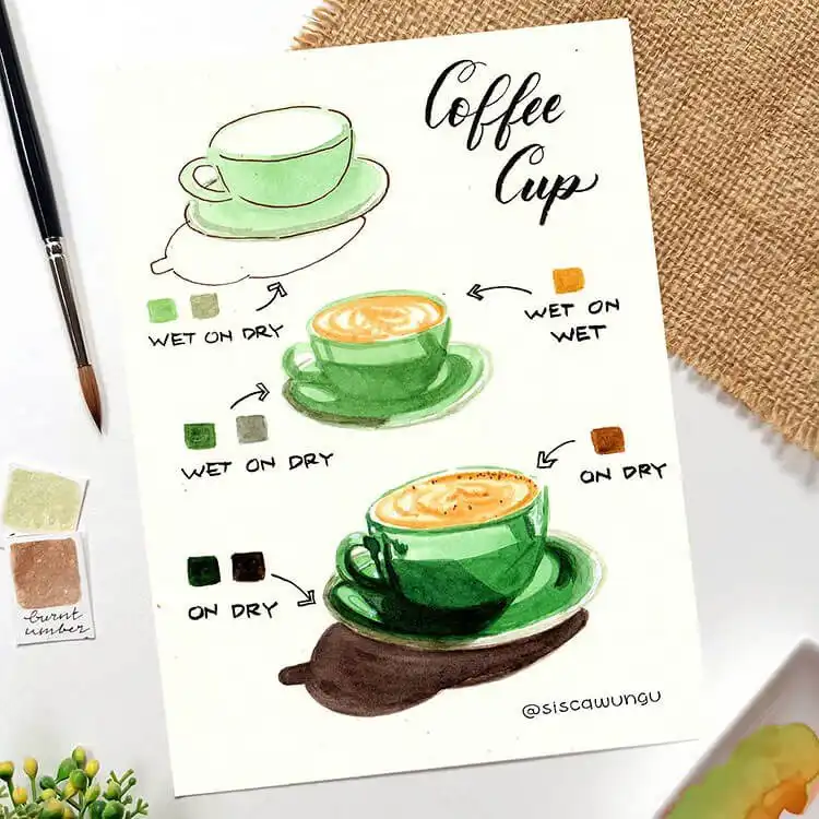 Watercolor painting of a coffee cup with rich brown coffee and creamy foam.