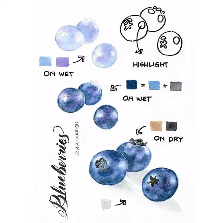Watercolor painting of a cluster of ripe blueberries with varied blue and purple tones.